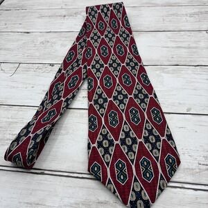 Stafford Executive Men's 100% Silk Tie Red Navy Blue Gold Geometric Pattern